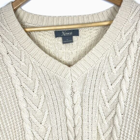 Natural Reflections V-Neck Sweater Oatmeal Cable Knit Fisherman’s Preppy Size XL - Picture 6 of 16
